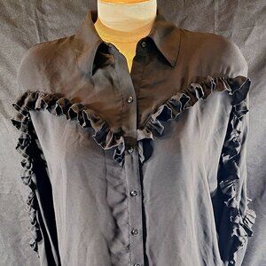 Express Women’s Black Short Sleeve Ruffle Flounce Blouse Button Up Top S
